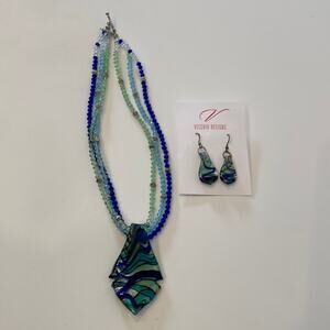Vecchio Designs Sterling & Merano Glass Beaded Necklace & Earrings Blue Silver.